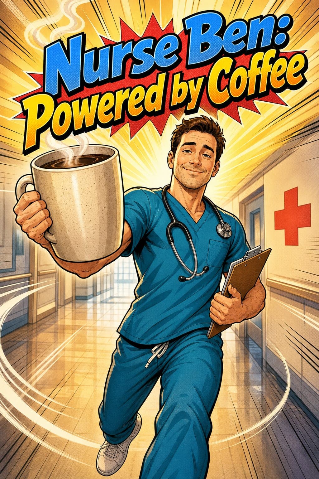 Sample comic cover: “Nurse Ben: Powered by Coffee”
