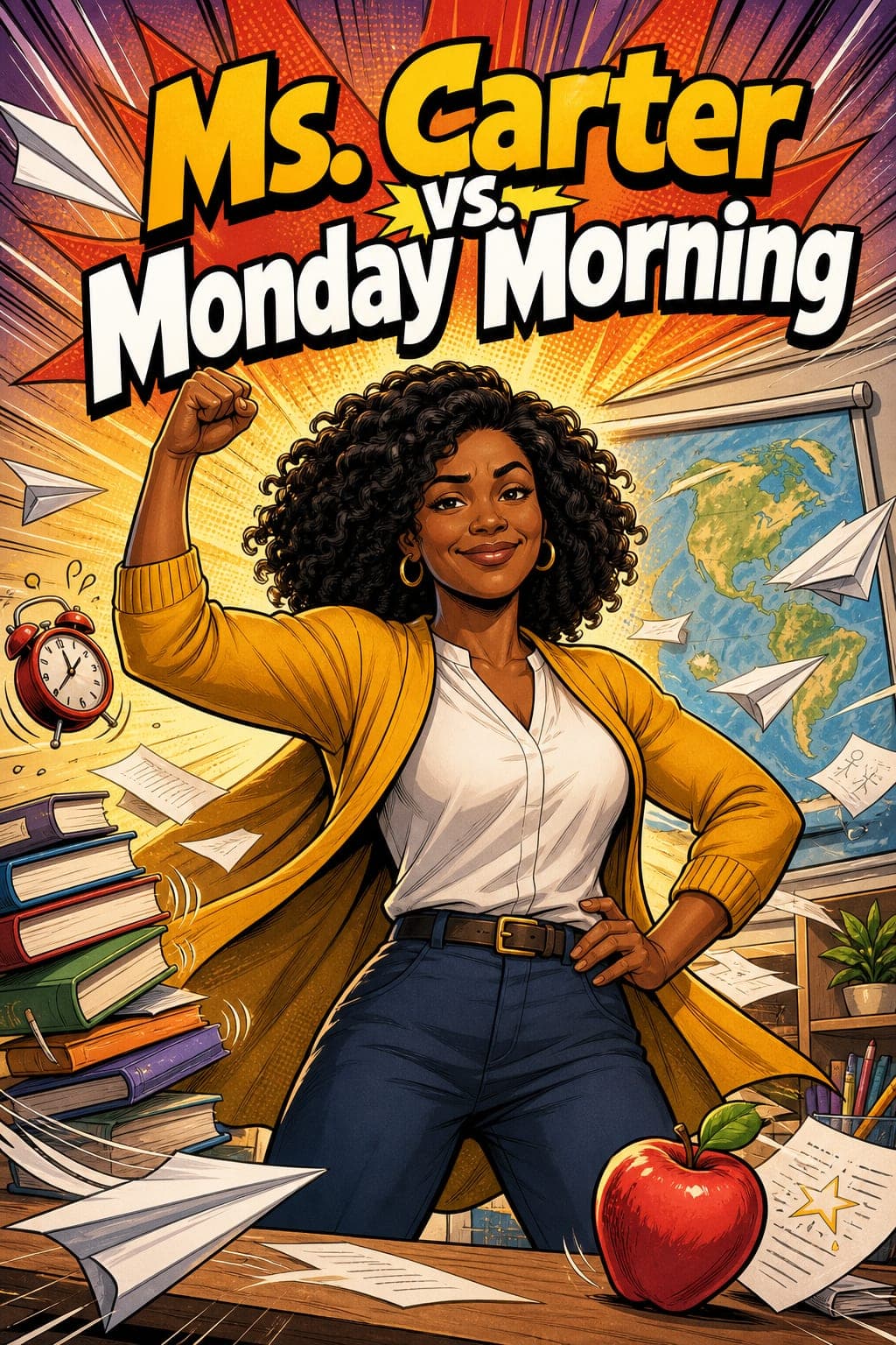 Sample comic cover: “Ms. Carter vs. Monday Morning”
