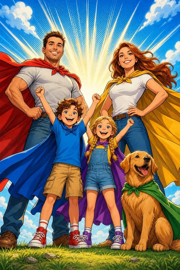 Portada de ejemplo en inglés: una familia de superhéroes con su perro