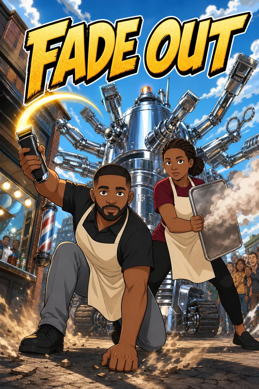 Cover of the sample comic “Fade Out”: a barber raises his clippers while his wife holds a steaming baking tray like a shield, a giant grooming machine behind them.