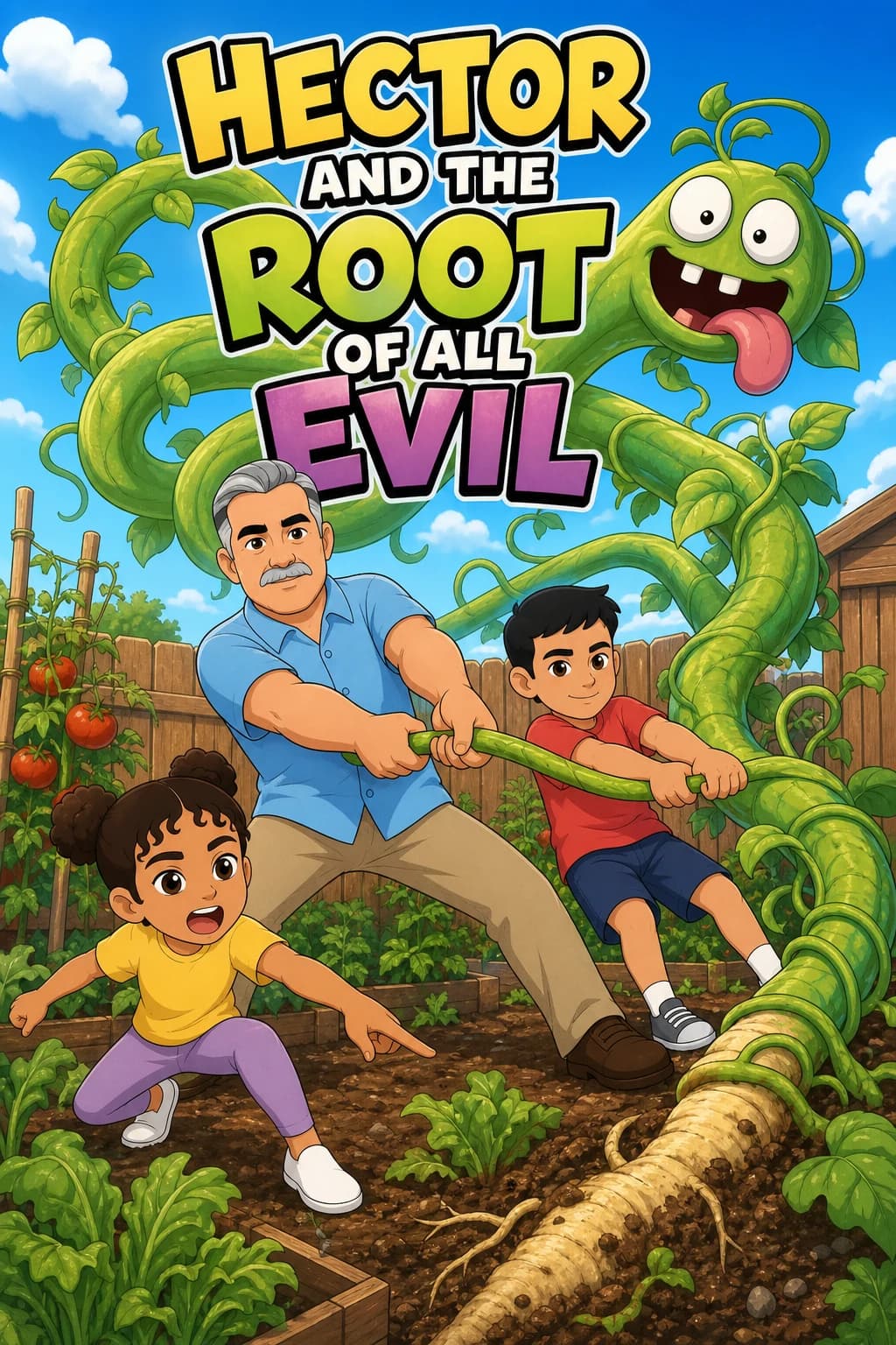 Portada de ejemplo en inglés: un abuelo y sus nietos enfrentan una planta gigante