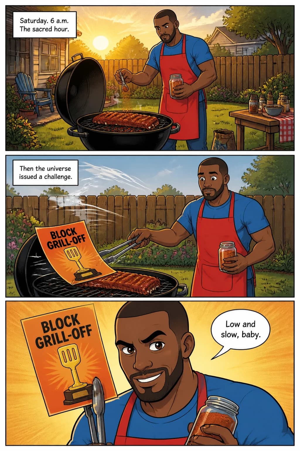 Página interior de ejemplo en inglés: Super Dad and the Backyard Grill-Off