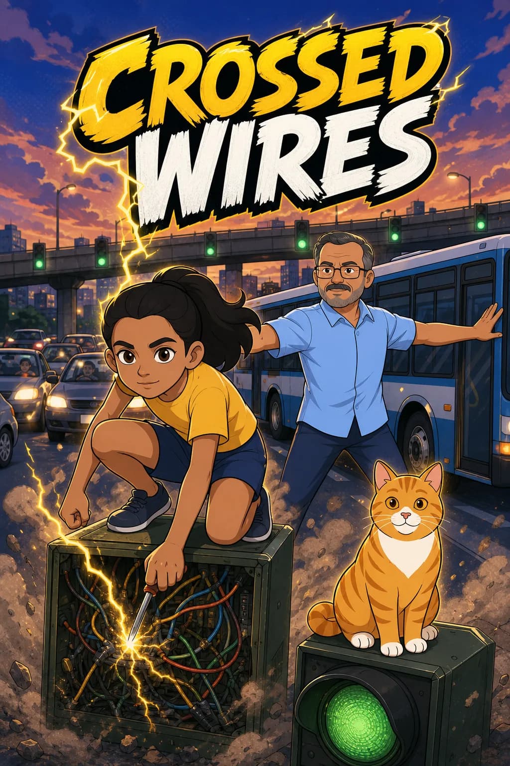 Portada de ejemplo en inglés: Una niña, su papá y el gato