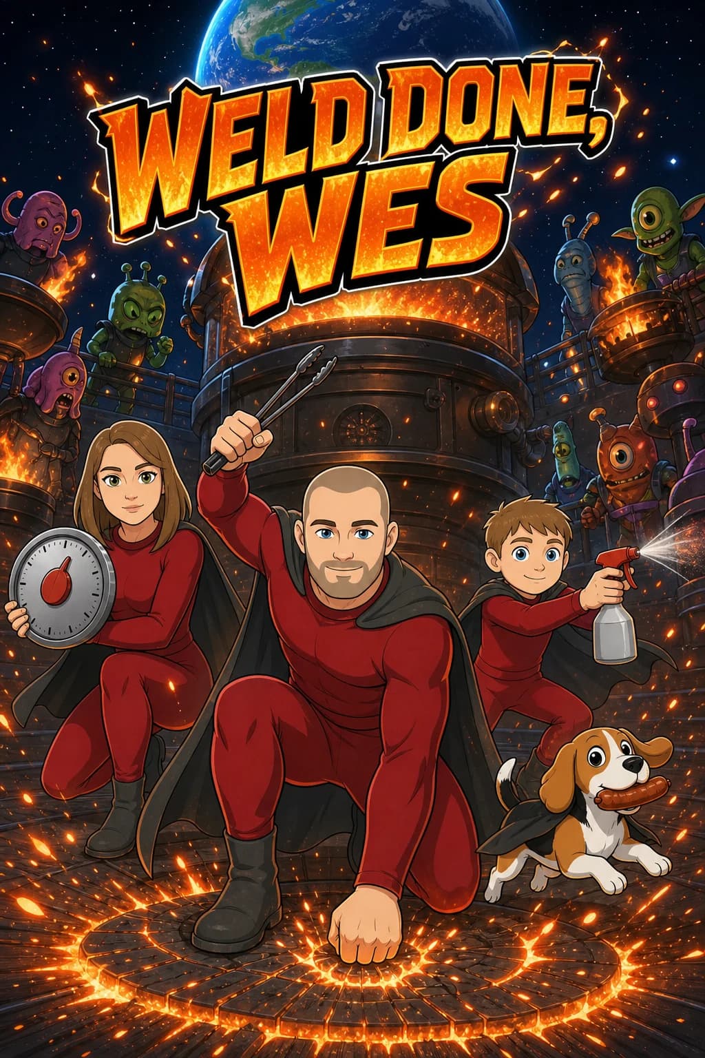 Cover of the sample comic “Weld Done, Wes”: a welder lands in a crouch in an orbital grill arena with his wife, his son and their beagle beside him.