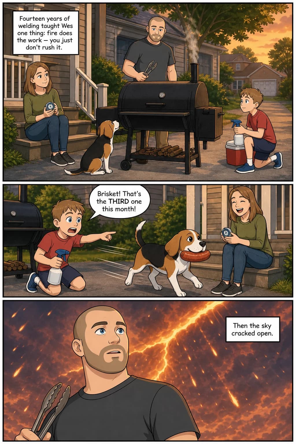 First page of the sample comic: the family around a backyard smoker at dusk, the beagle running off with a sausage, and the sky cracking open.