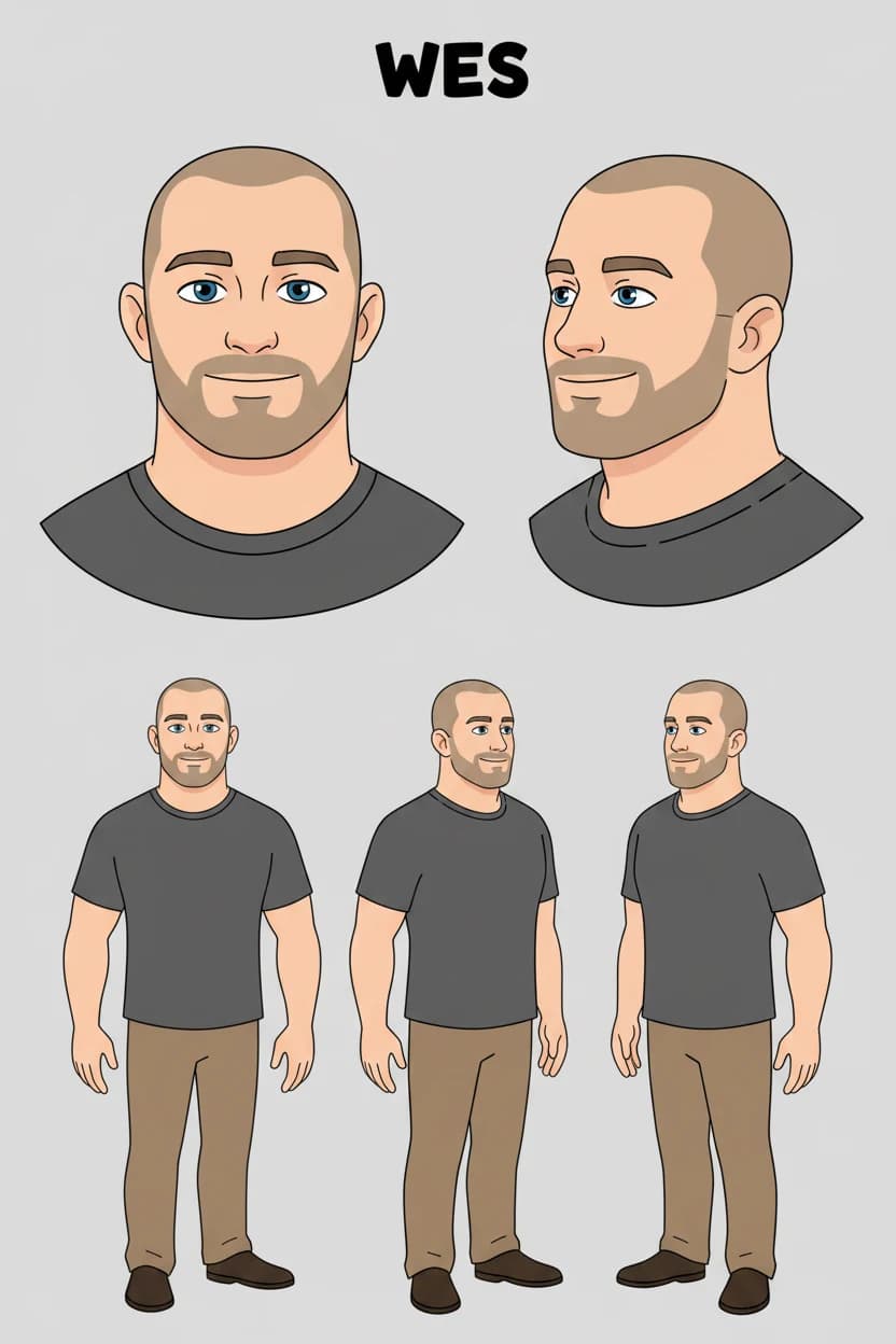 Character sheet of Wes from the sample comic: the same welder drawn from four angles.