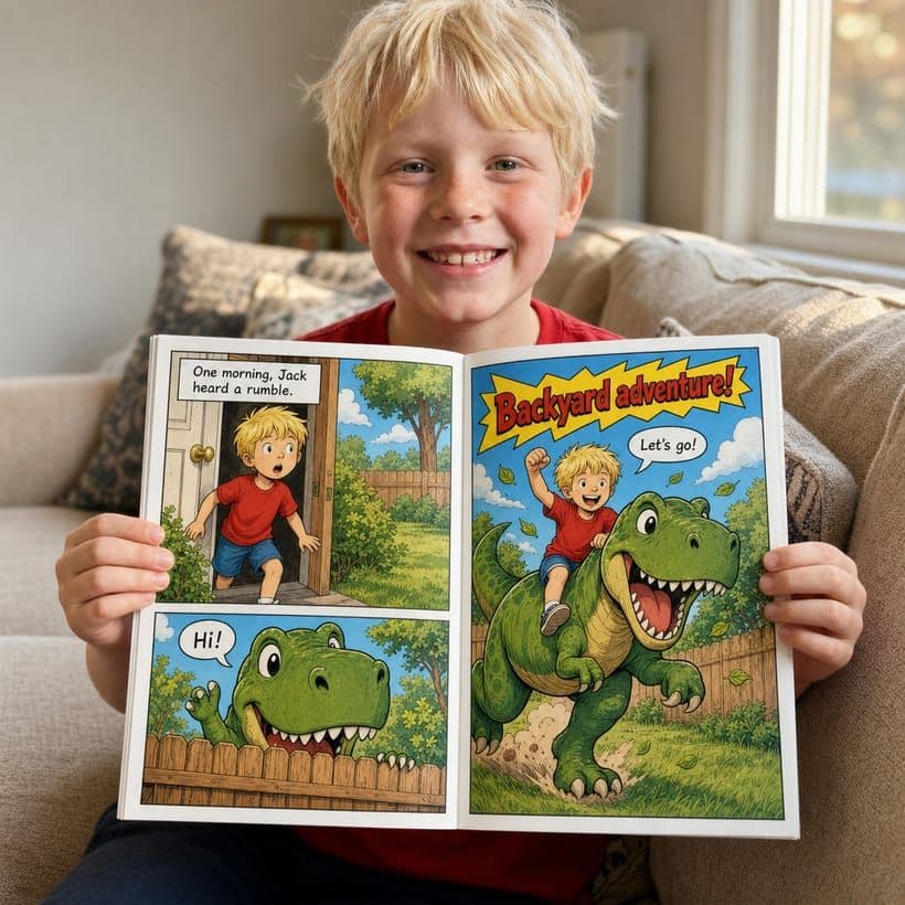 A person holding their personalized comic open to a two-page spread — the left page shows them meeting their sidekick, the big right page shows them in the middle of the adventure, captioned “The hero arrives!”