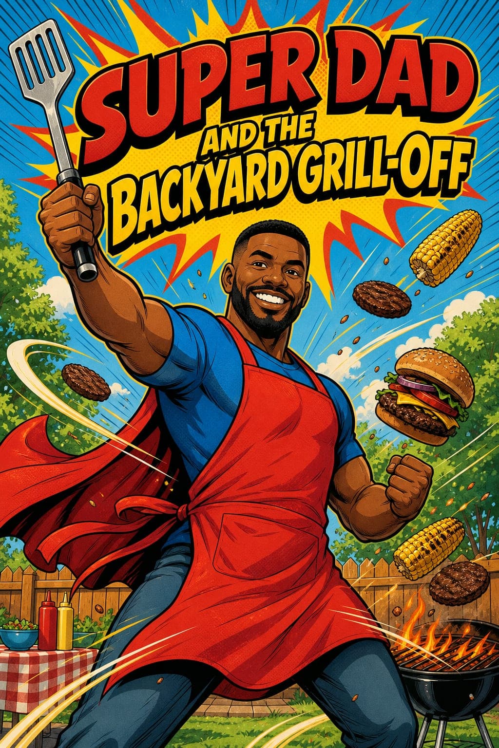 Sample comic cover: “Super Dad and the Backyard Grill-Off”