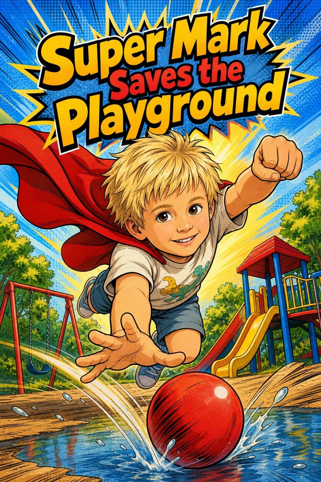Sample comic cover: “Super Mark Saves the Playground”
